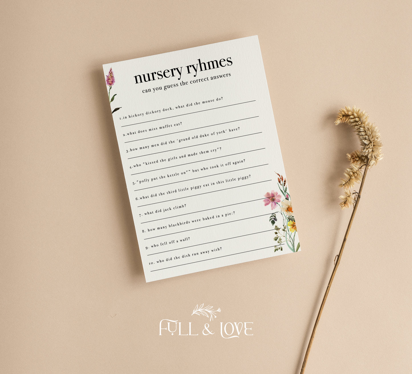 Nursery Rhyme Quiz Baby Shower Game - Baby in Bloom