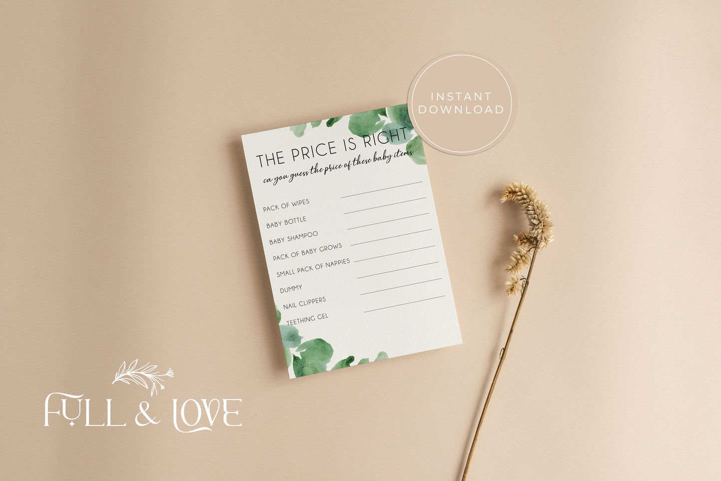 The Price is Right Baby Shower Game - Eucalyptus