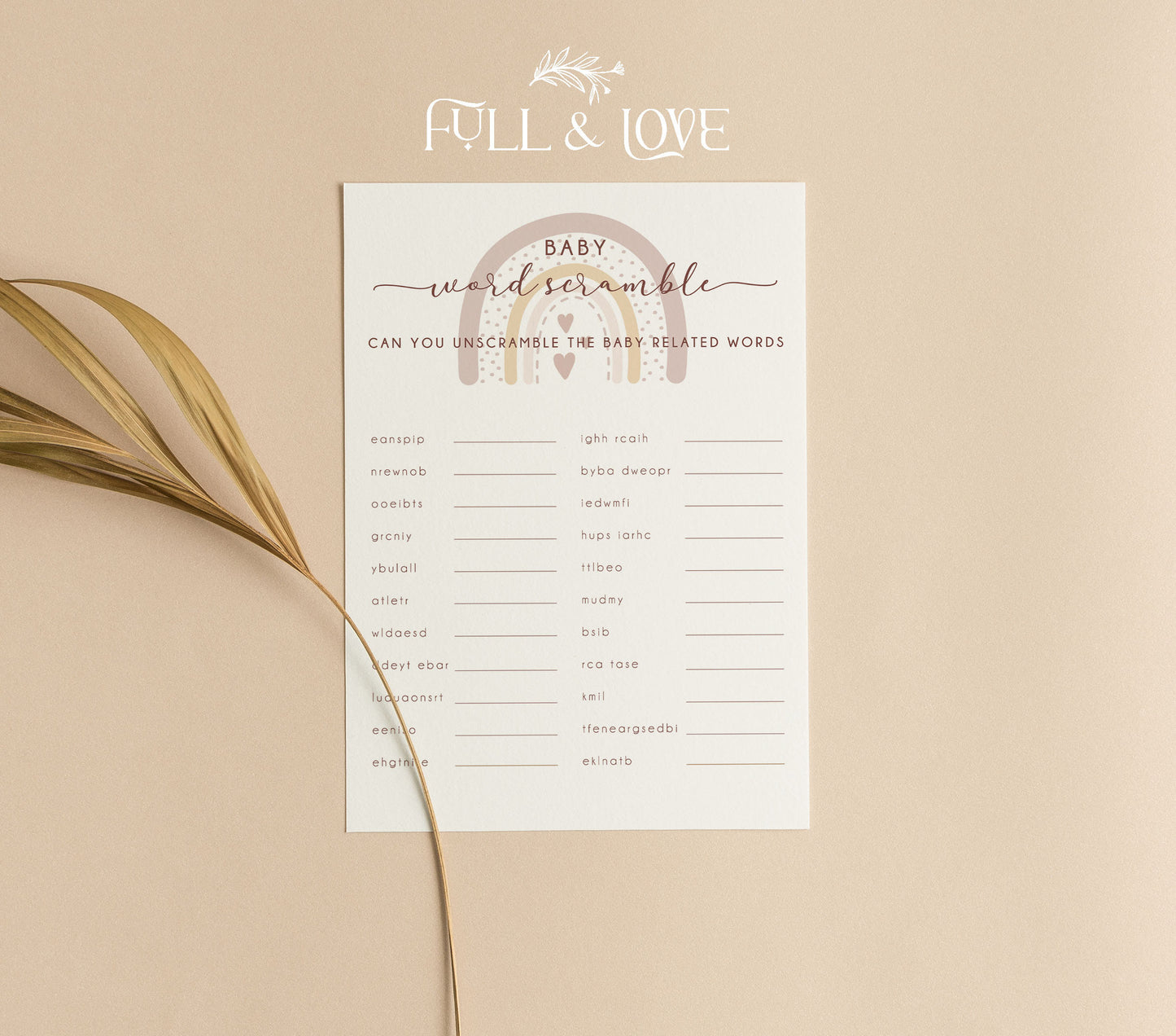 Word Scramble Baby Shower Game Cards - Boho Rainbow