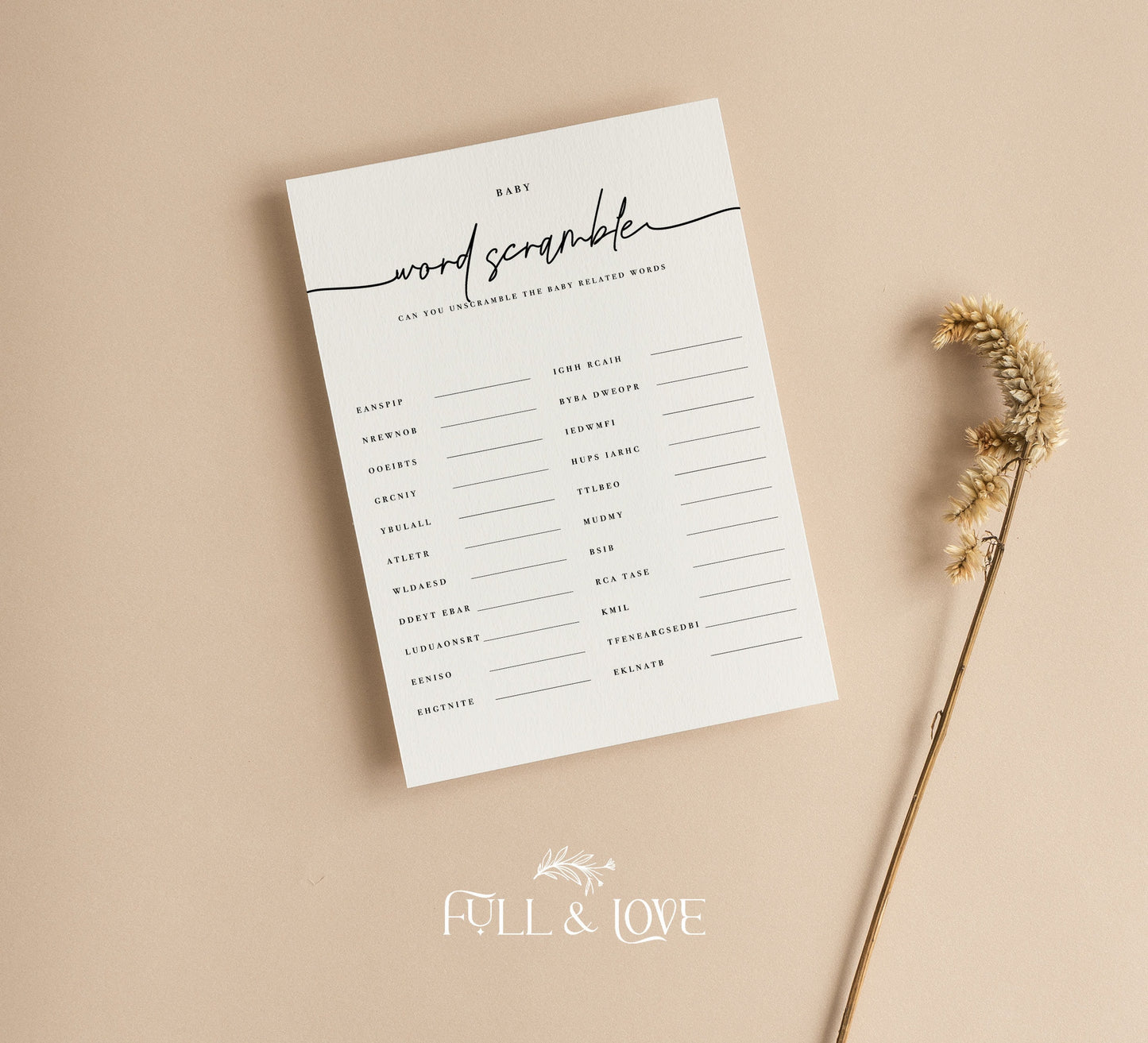 Word Scramble Baby Shower Game Cards - Minimalist