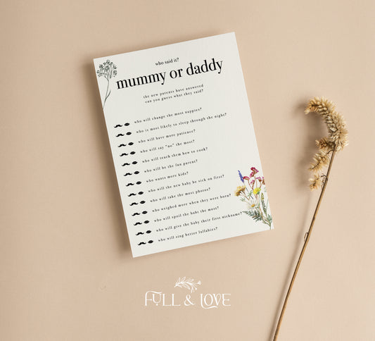 Who Said It First Mummy or Daddy Baby Shower Game Cards  - Baby in Bloom