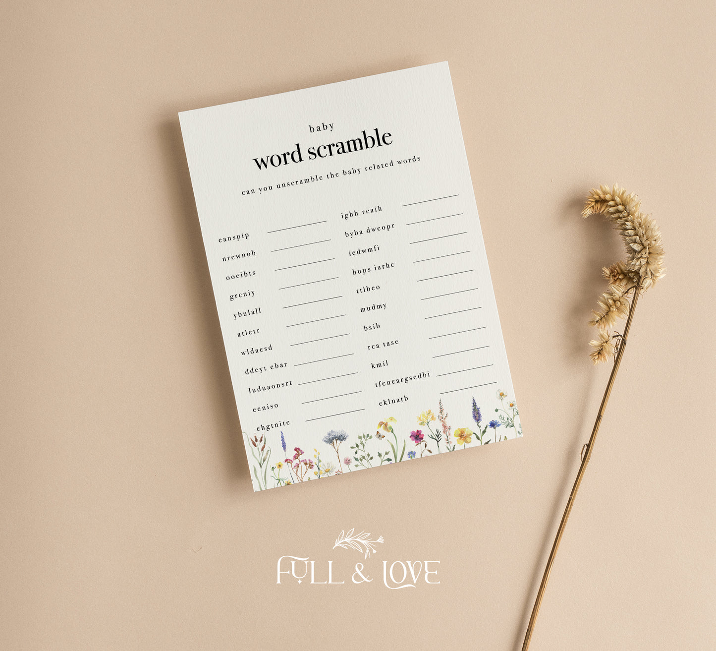 Word Scramble Baby Shower Game Cards  - Baby in Bloom