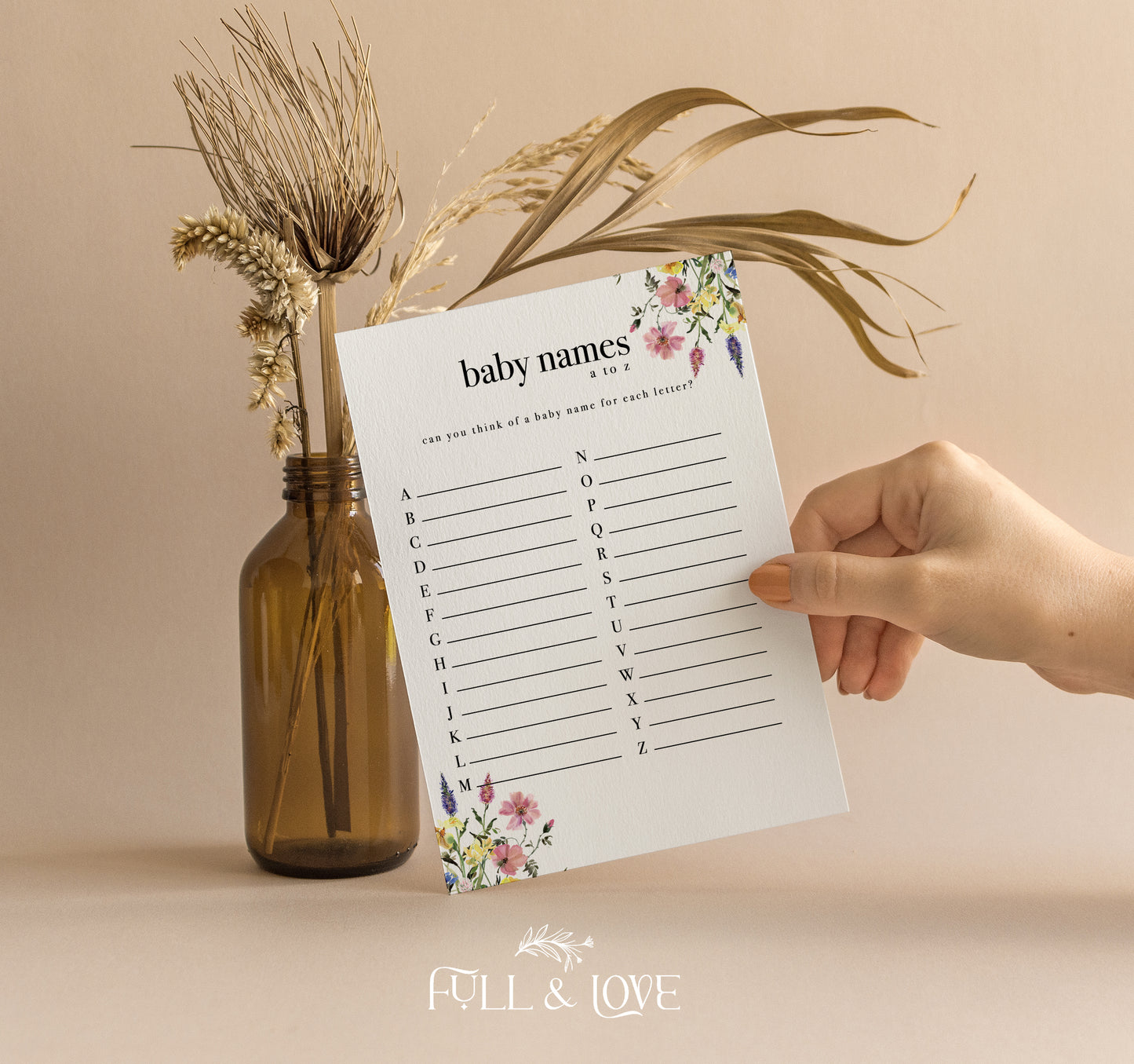 Baby Names A-Z Baby Shower Game Cards - Baby in Bloom