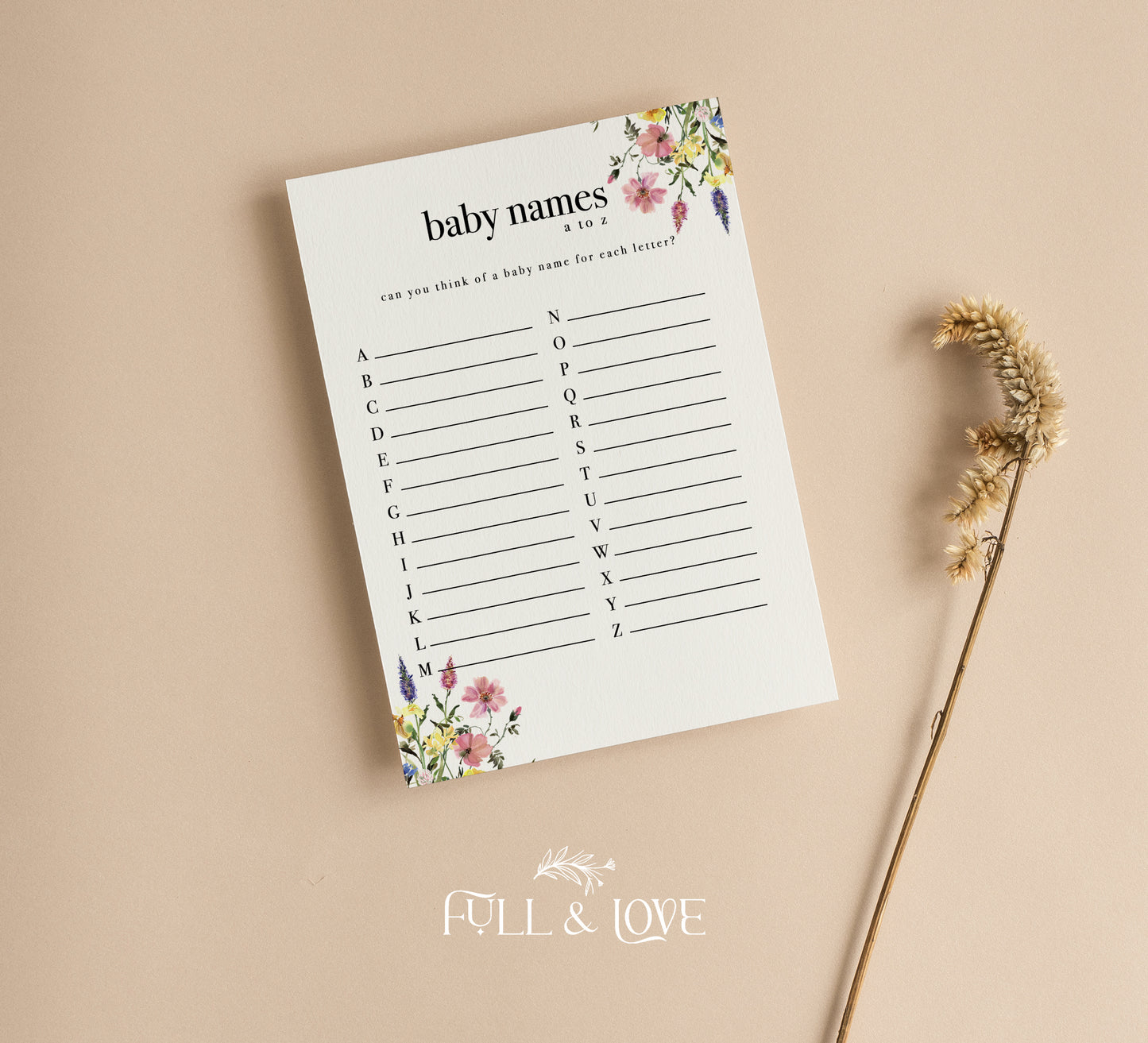 Baby Names A-Z Baby Shower Game Cards - Baby in Bloom