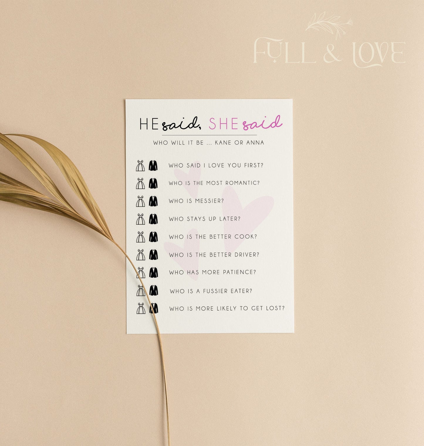 Personalised He Said She Said Hen Party Game - Pink
