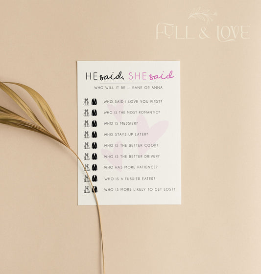 Personalised He Said She Said Hen Party Game - Pink