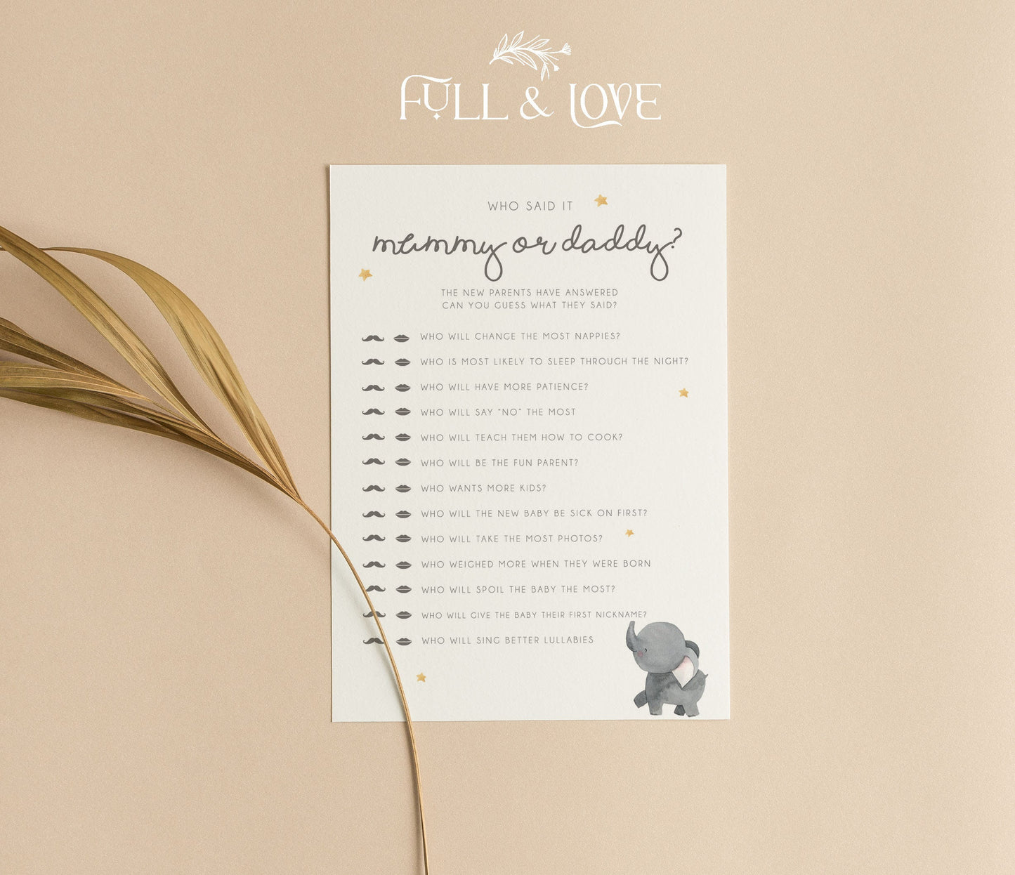 Who Said It First Mummy or Daddy Baby Shower Game Cards - Elephant