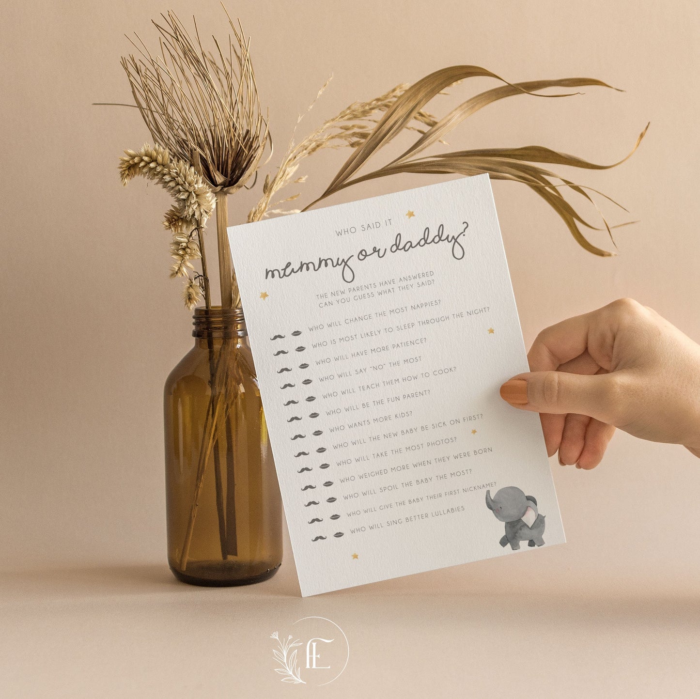 Who Said It First Mummy or Daddy Baby Shower Game Cards - Elephant