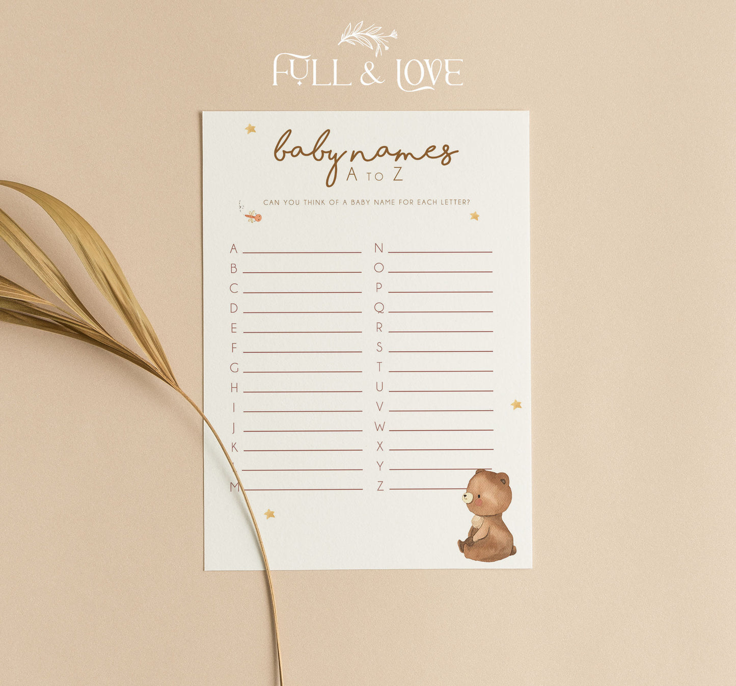 Baby Names A-Z Baby Shower Game Cards - Teddy Bear