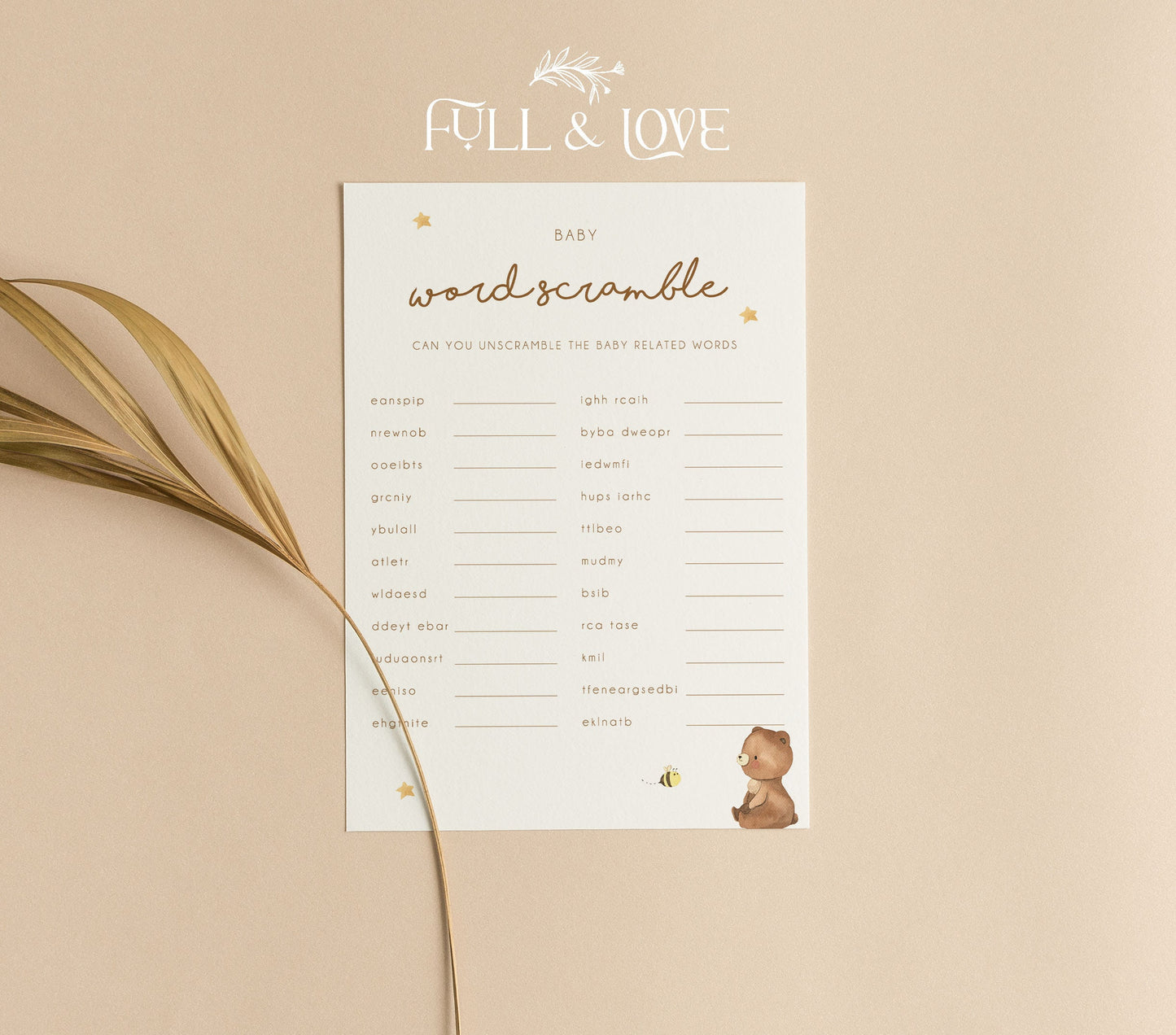 Word Scramble Baby Shower Game Cards - Teddy Bear