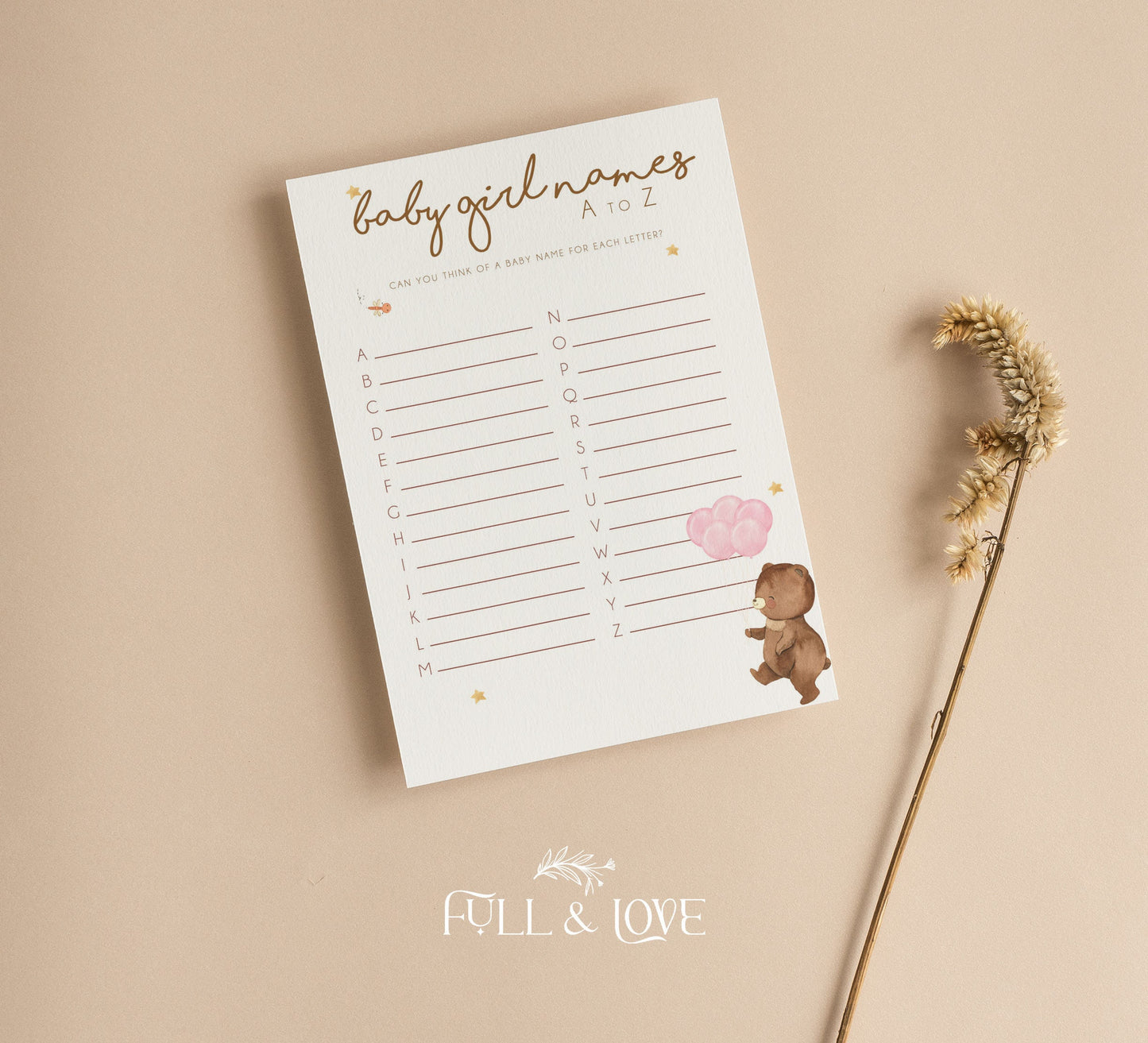 Baby Girl Names A-Z Baby Shower Game Cards - Teddy Bear