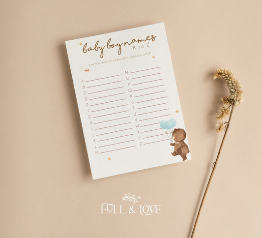 Baby Boy Names A-Z Baby Shower Game Cards - Teddy Bear