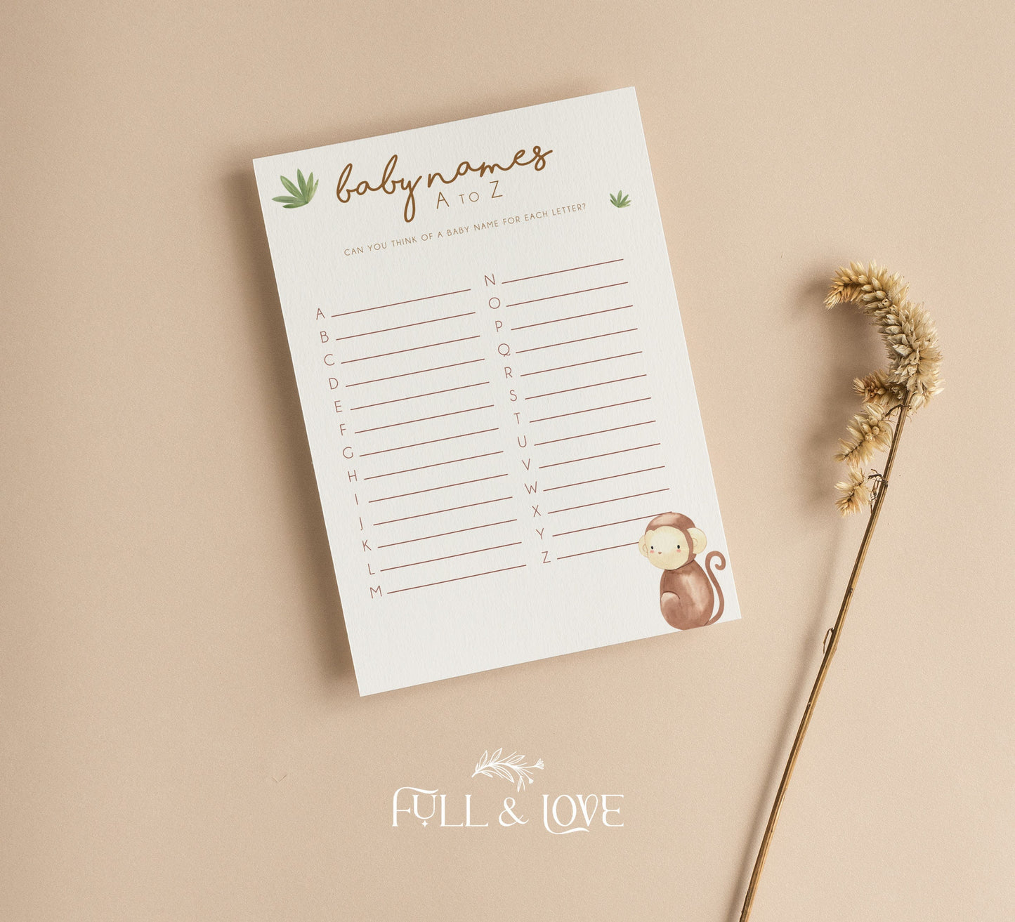 Baby Names A-Z Baby Shower Game Cards - Little Monkey